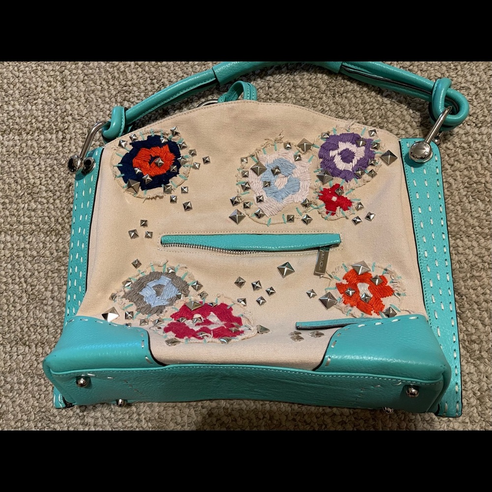 BCBGMAXAZRIA Embroidered flower & studs leather Canvas Purse - Picture 5 of 10